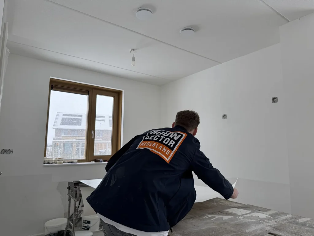 Behanger van Bouwsector Nederland in werkjas trekt een baan vlies van de plaktafel